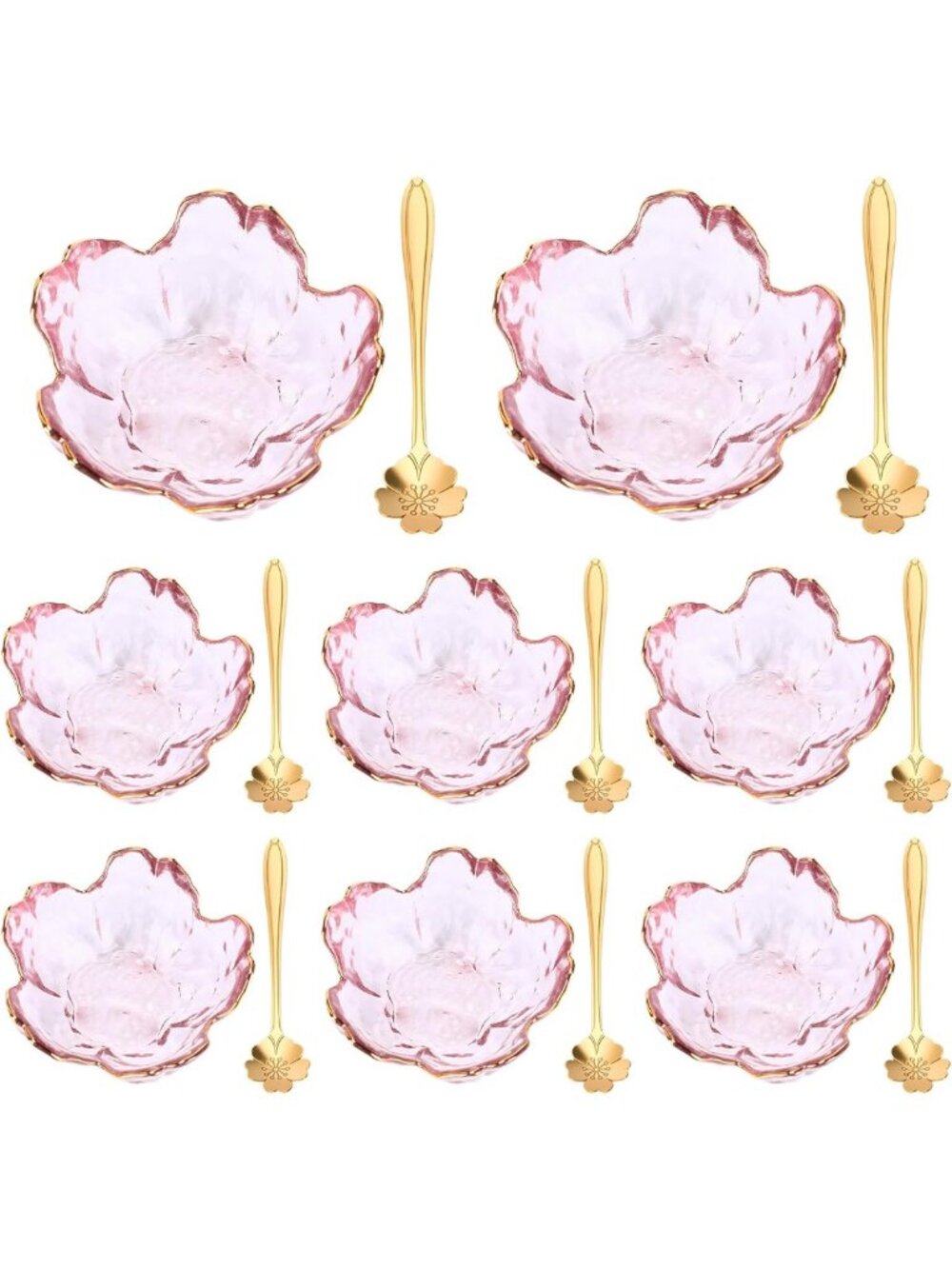 Set of 8 Pink Cherry Blossom Bowls & Flower Spoons - Japanese Crystal Appetizer